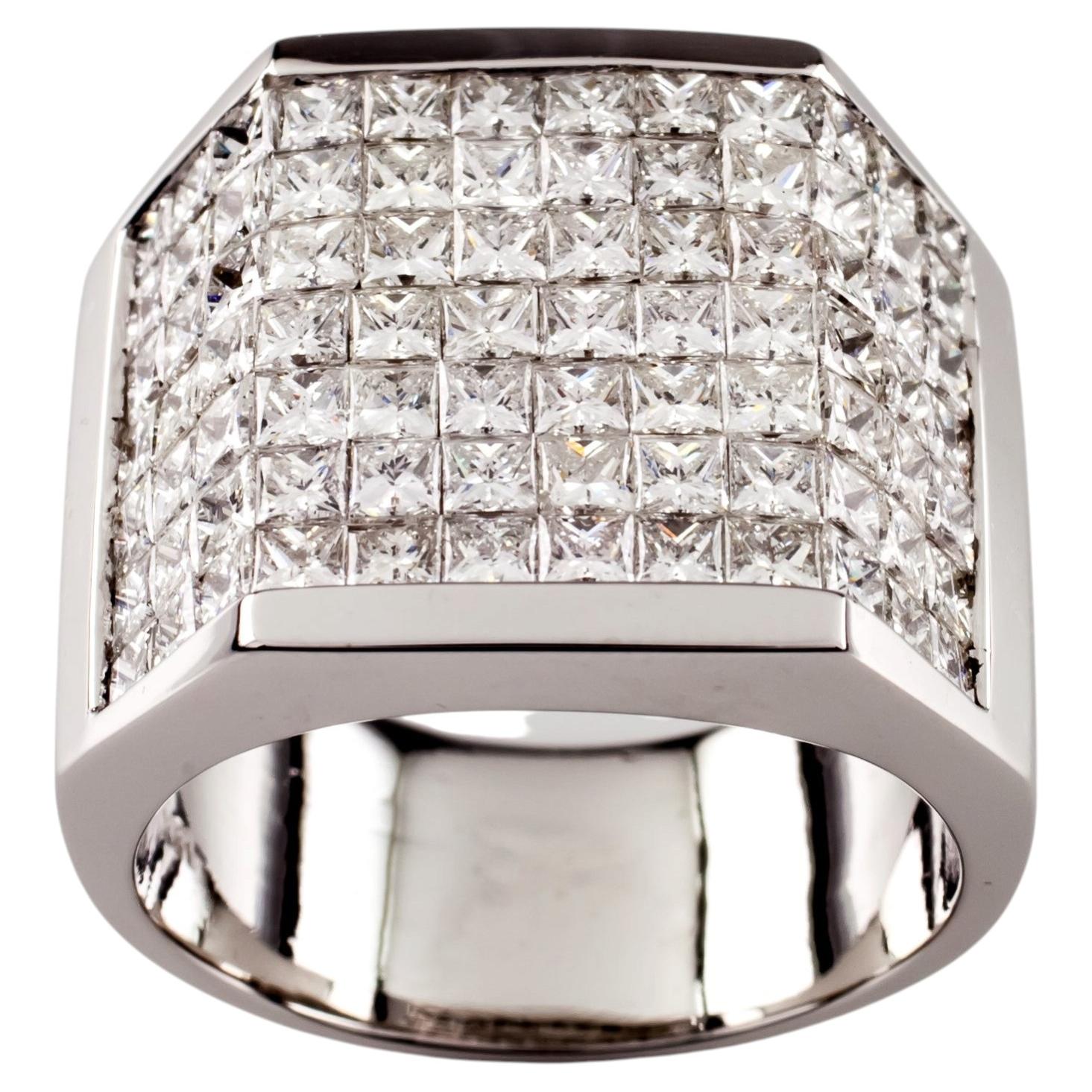 14.00 carat Invisible Setting Diamond 18k White Gold Men's Plaque Ring For Sale