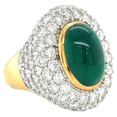 18k Bi-Colored Gold, Oval Cabochon Emerald, and 5.6ct Diamond Ring Size: 7 1/4