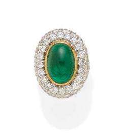 18k Bi-Colored Gold, Oval Cabochon Emerald, and 5.6ct Diamond Ring Size: 7 1/4
