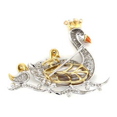 18k Gold and Platinum Freshwater Pearl, Dimaond, Enamel Swan Family Brooch