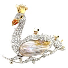 18k Gold and Platinum Freshwater Pearl, Dimaond, Enamel Swan Family Brooch