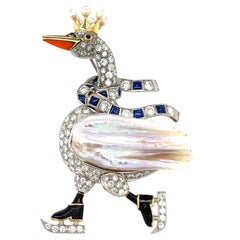 18k Gold and Platinum Mississippi River Pearl Diamond Ice Skating Swan Brooch
