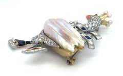 18k Gold and Platinum Mississippi River Pearl Diamond Ice Skating Swan Brooch