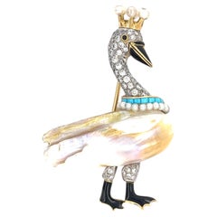 14k Two-Tone Gold Freshwater Pearl Swan Brooch w/ Diamonds & Facs Pearl Report