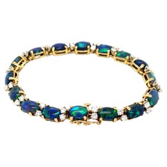 18k Yellow Gold Black Opal Cabochon and Diamond Bracelet 6 5/8" Gorgeous