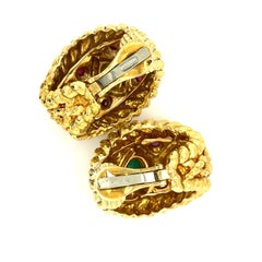 David Webb 18k Yellow Gold Ruby, Sapphire, and Emerald Cabochon Ear Clips