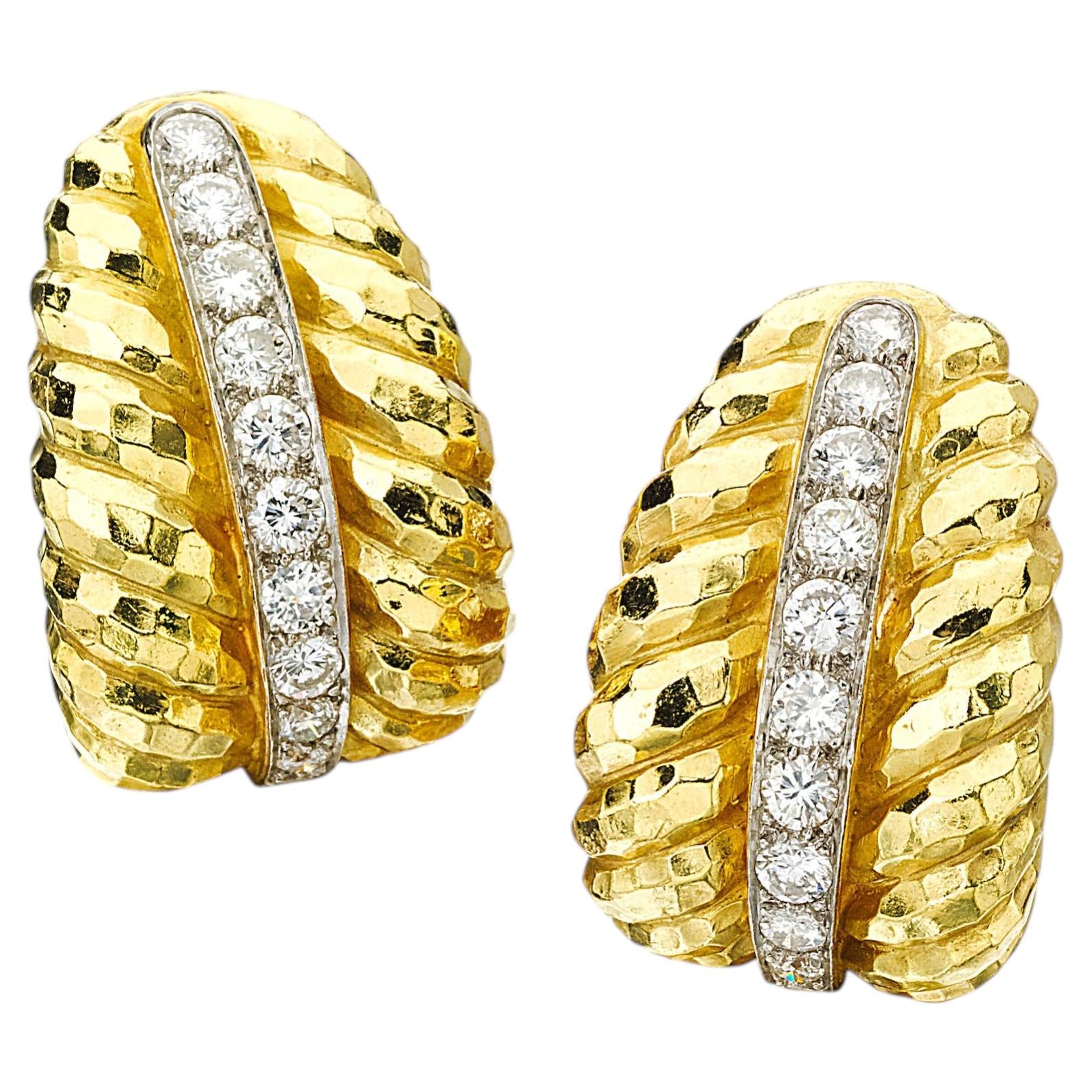 David Webb 18k Yellow Gold and Platinum Diamond Clip Earrings 2.05 cts For Sale