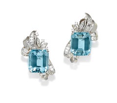 Aquamarine and Diamond Set in Platinum Clip-On Earrings, 22.6gr