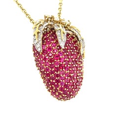 18k Yellow Gold 10ct Ruby 1.5ct Diamond Strawberry Pendant/Brooch w/ 18" Chain