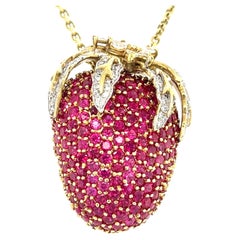 18k Yellow Gold 10ct Ruby 1.5ct Diamond Strawberry Pendant/Brooch w/ 18" Chain