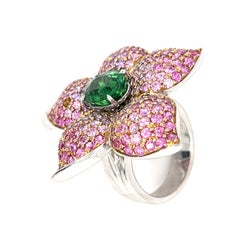 Tsavorite Garnet and Pink Sapphires Flower Ring in 18k Two-Tone Gold sz 6 5/8