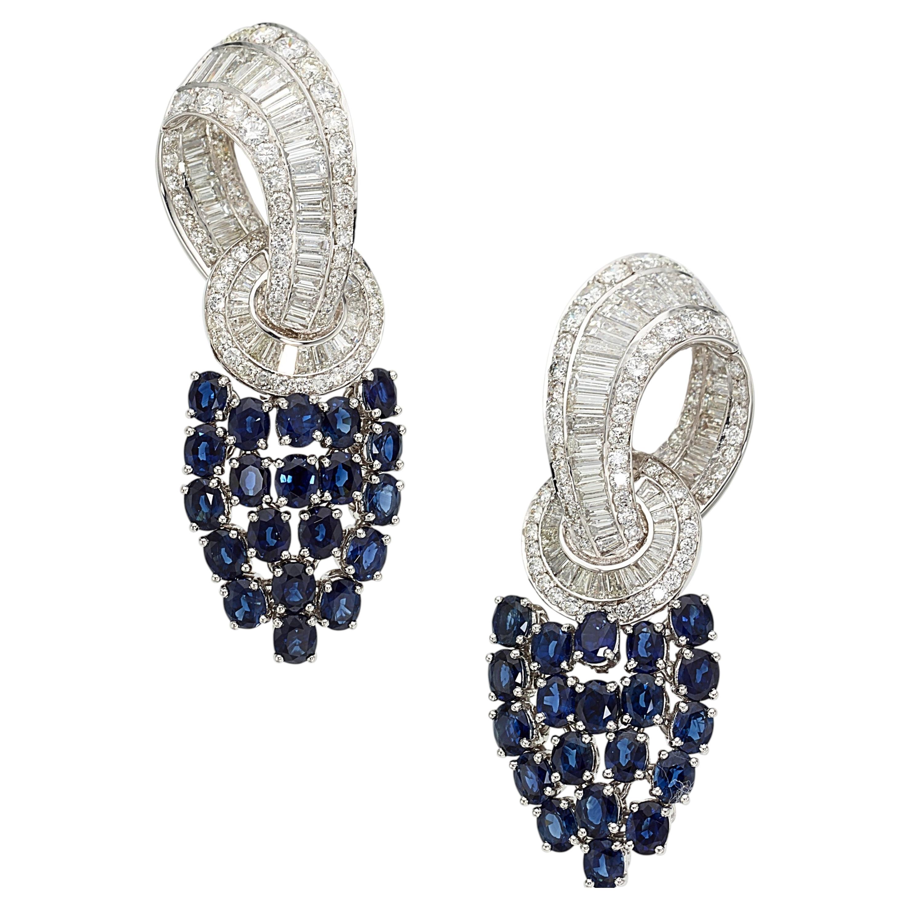 Platin 8 Karat, Diamant 6,7 Karat, Saphir 2", Tag-/Nacht-Wandel-Ohrringe, 31 Gramm