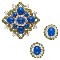 Montclair 18k Yellow Gold Diamond, Emerald, and Lapis Brooch and Earring Set