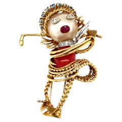 Ian Dessin 18k YG Figural Coral/Cultured Pearl Golfer Brooch w/ Dia, Sapp, Ruby