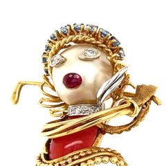 Ian Dessin 18k YG Figural Coral/Cultured Pearl Golfer Brooch w/ Dia, Sapp, Ruby