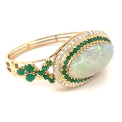 18k Gold Oval Opal Cabochon, Emerald, 2.8ct Diamond Bangle Bracelet 48 grams