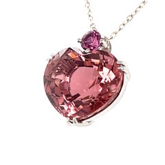 18K White Gold Pink Heart Shaped Tourmaline Pendant w/ Pink Sapphire Accent
