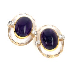 David Webb 18k Yellow Gold Amethyst Cabochon, Rock Crystal, Diamond Ear Clips
