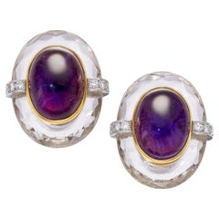 David Webb 18k Yellow Gold Amethyst Cabochon, Rock Crystal, Diamond Ear Clips