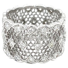 Buccellati 18k White Gold Tulle Broccato Band Ring Diamond Accents Size 6.75