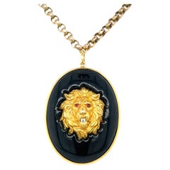 Fred Leighton 18k Yellow Gold Lion Portrait Brooch with Ruby and Diamond 30"