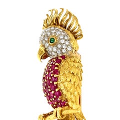 18k Yellow Gold Bird Cockatoo Brooch with Ruby, Diamond, and Emerald