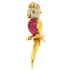 18k Yellow Gold Bird Cockatoo Brooch with Ruby, Diamond, and Emerald