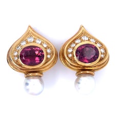 Elizabeth Gage 18k Yellow Gold Pink Tourmaline and Pearl "Shiraz" Ear Clips