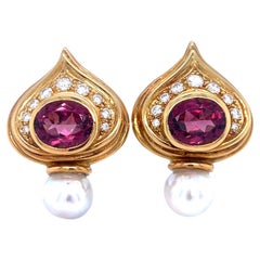 Elizabeth Gage 18k Yellow Gold Pink Tourmaline and Pearl "Shiraz" Ear Clips