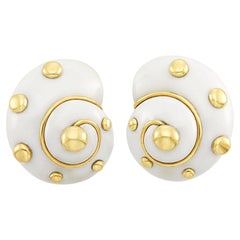 Verdura 18k Yellow Gold Cachalong Opal Shell Ear Clips Gorgeous Condition!