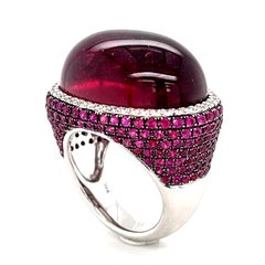 18k White Gold Rubellite Cabochon Ring with Diamond Bezel and Ruby Accents Sz 7