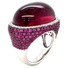 18k White Gold Rubellite Cabochon Ring with Diamond Bezel and Ruby Accents Sz 7