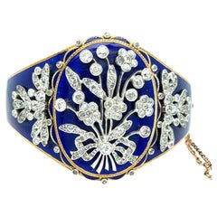 Platinum and 14k Gold Enamel Antique 4.5ct Diamond Hinged Bangle Bracelet 48g