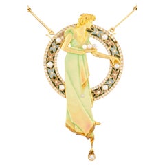 Nouveau 1910 18k Gold Plique-a-Jour Enamel, Pearl, and Diamond Brooch Pendant