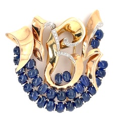 Trabert & Hoeffer Mauboussin Plat Topped 14k Gold Brooch w/ Sapphires and Diamon