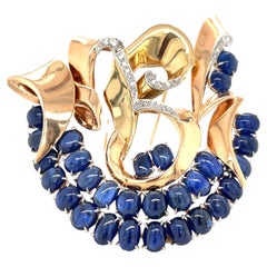 Trabert & Hoeffer Mauboussin Plat Topped 14k Gold Brooch w/ Sapphires and Diamon