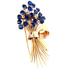 14k Gold 18 ct Sapphire, 0.75ct Diamond Flower Bouquet Brooch Circa 1940 28g
