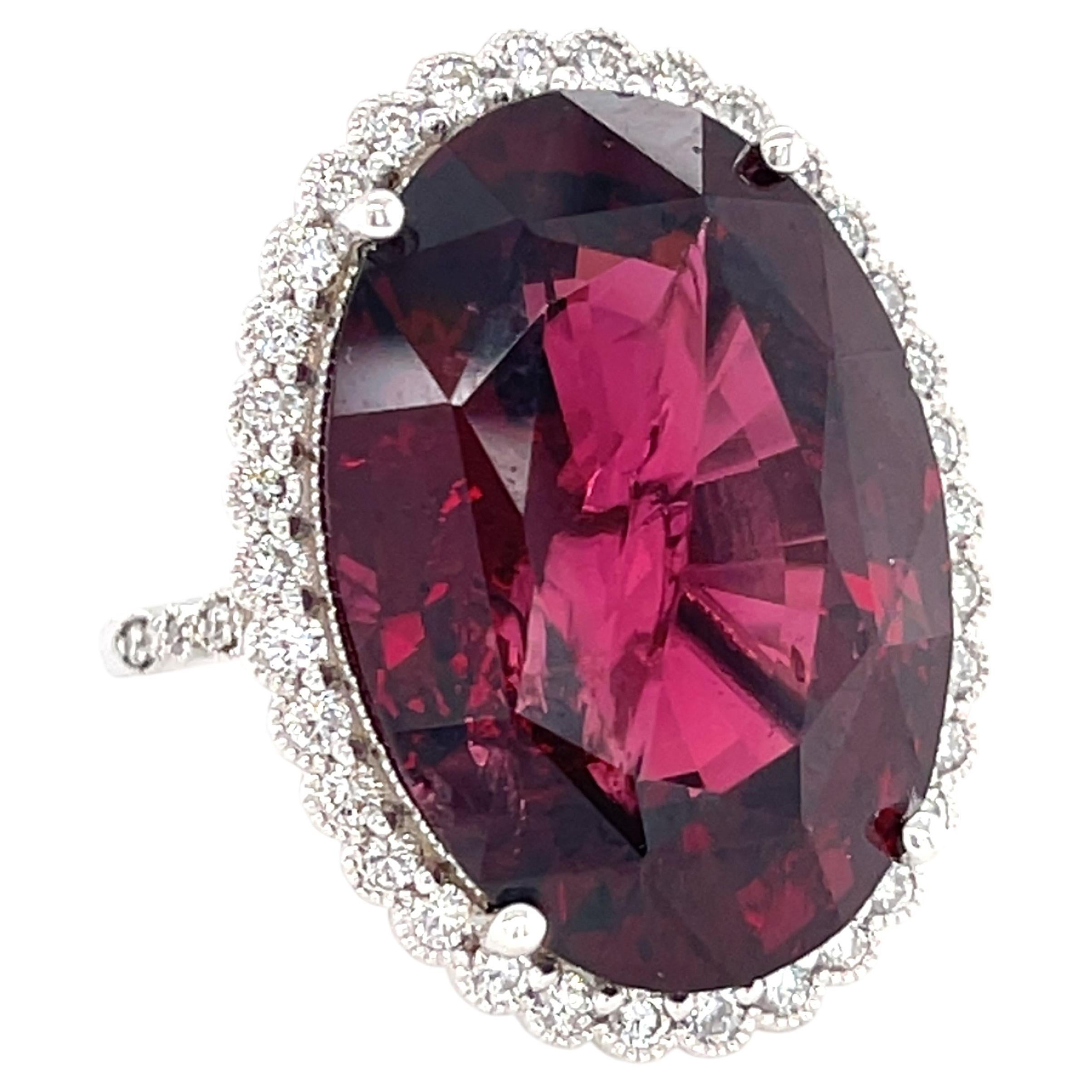 18K White Gold 37.3 ct Oval Garnet and 0.75 ct Diamond Halo Ring Size 7 For Sale