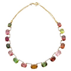 18k Gold 115 ct Multicolor Tourmaline and .8ct Diamond Riviere Necklace 17 3/4"