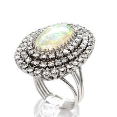 14K White Gold Opal Cabochon & 6 ct Diamond Bezel Cocktail Ring Size 9