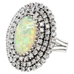 14K White Gold Opal Cabochon & 6 ct Diamond Bezel Cocktail Ring Size 9
