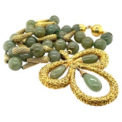 Jadeite Jade Beaded 14k Yellow Gold Necklace with Clover Pendant w/ CoA