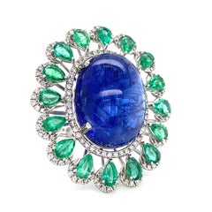 18k White Gold Tanzanite Cabochon Ring w/ Pear Emerald and Diamond Accents Sz6.5