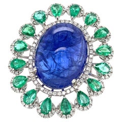 18k White Gold Tanzanite Cabochon Ring w/ Pear Emerald and Diamond Accents Sz6.5