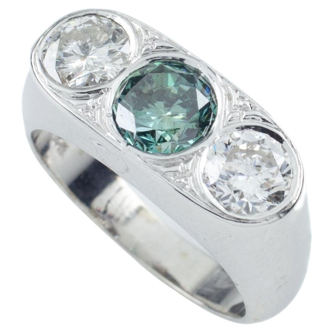 Anello in oro bianco 14k con tre diamanti e una pietra centrale blu da 1 carato, misura 9,25