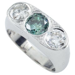 Anello in oro bianco 14k con tre diamanti e una pietra centrale blu da 1 carato, misura 9,25