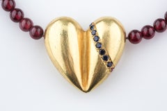 Kieselstein-Cord 18k Gold Heart Necklace w/ Ruby & Sapphire on Garnet Strand