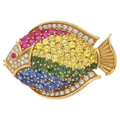 Spilla a forma di pesce con pietre preziose di Jean Vitau, in oro giallo 18 carati, anni '90. Pezzo unico!