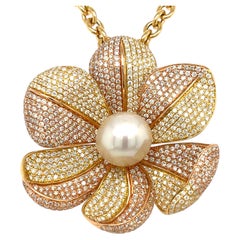 18K Gold Hasbani Gioielli 13mm Perle & 9ct Diamant Anhänger Halskette 23" 38.2g