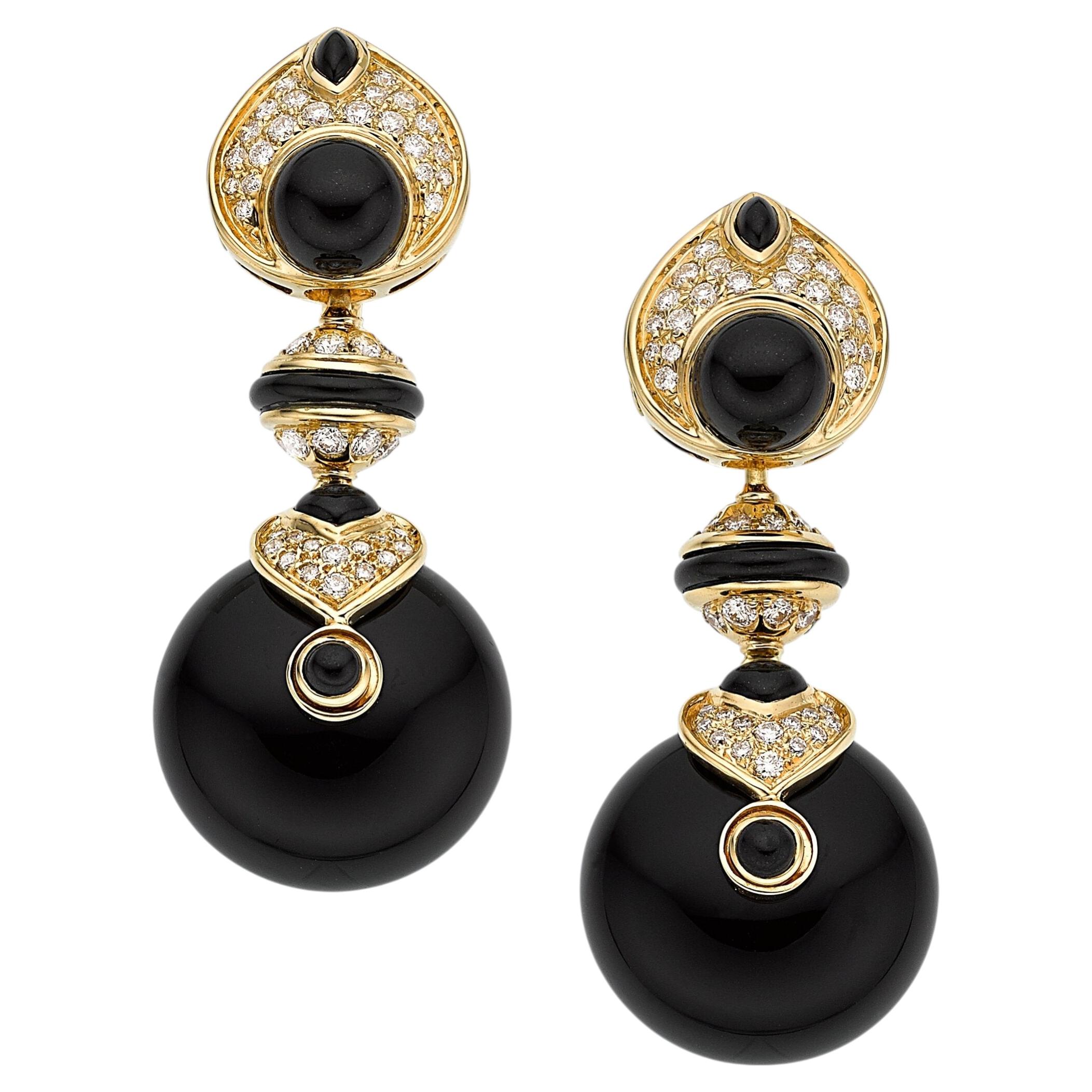 18k Yellow Gold Black Onyx, Moonstone, and 1.66ct Diamond Earrings 2" 33.3 gram